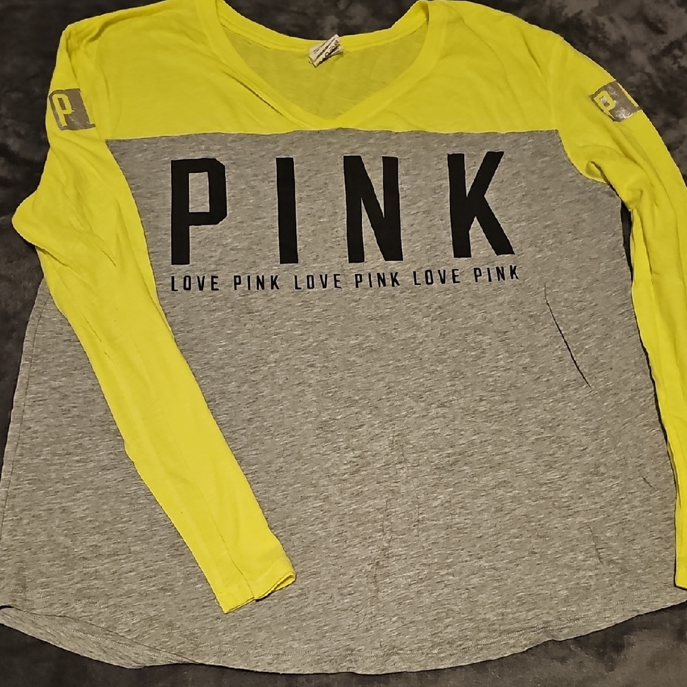 PINK Victoria's Secret Neon Yellow and Gray Long Sleeve Tee